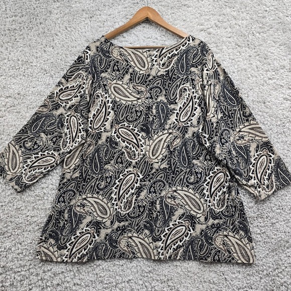 Croft & Barrow Top Womens 2X Black Tan Paisley Pullover 3/4 Sleeve Knit Boho - Picture 8 of 12